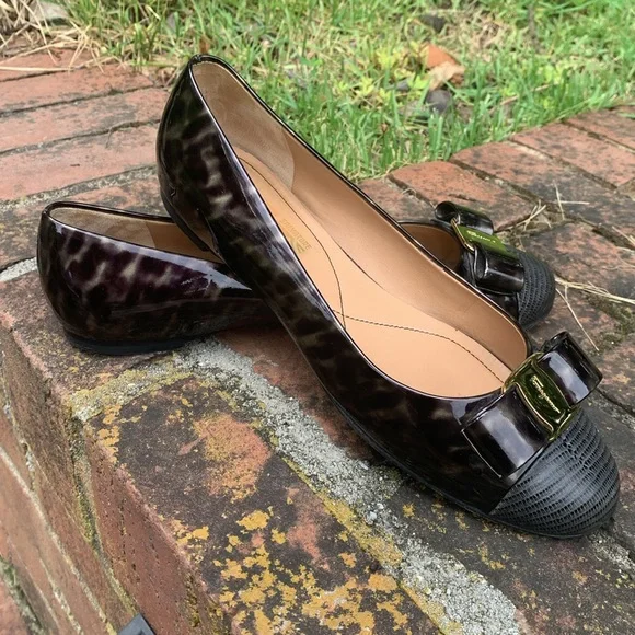 FERRAGAMO Tortoise/Animal Patent & Lizard Embossed cap Ballerina Flat sz… - Picture 11 of 14